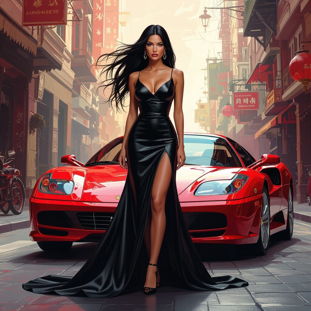 Woman in Leather Dress Beside Red Ferrari 328