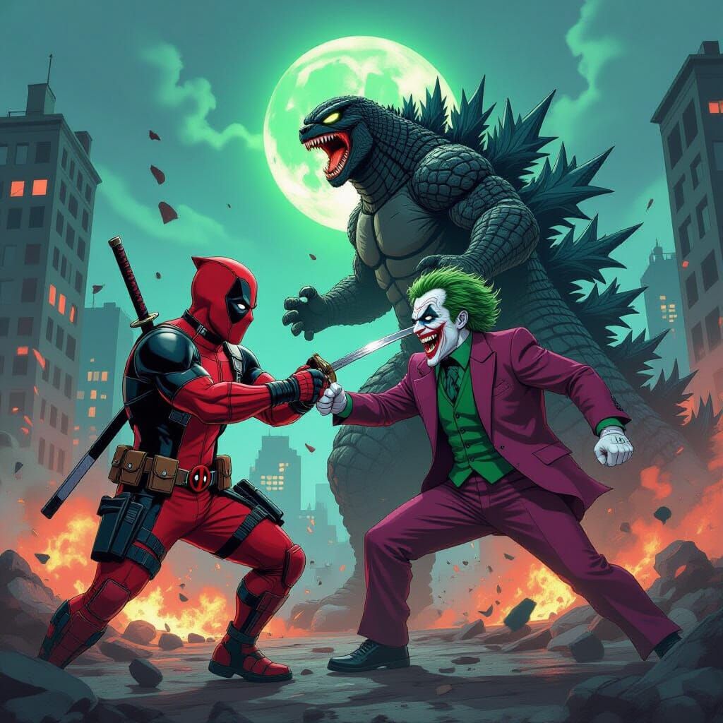 Deadpool & Joker Battle Godzilla in City Destruction