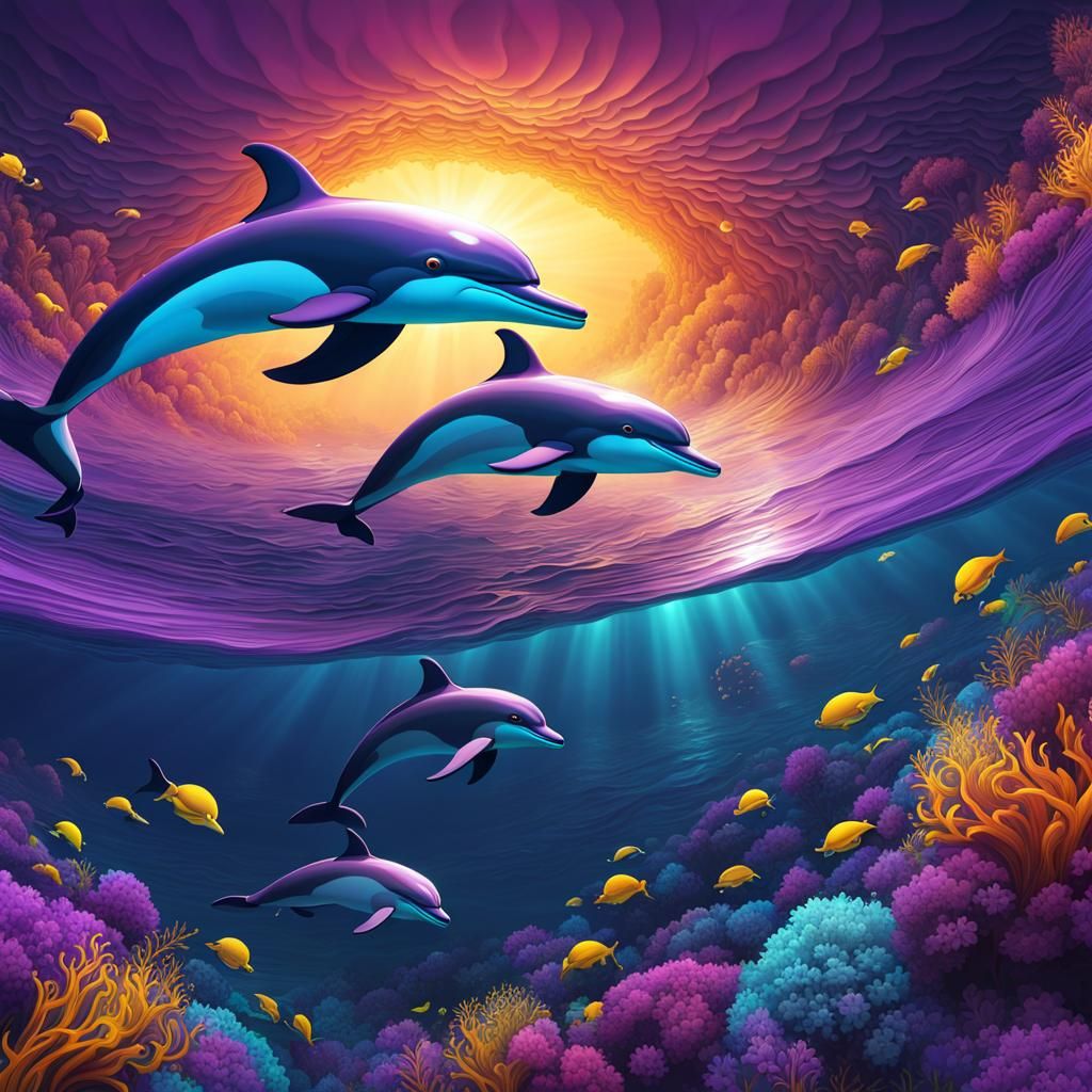 Dolphins Swim with Child: Abstract Vector Art