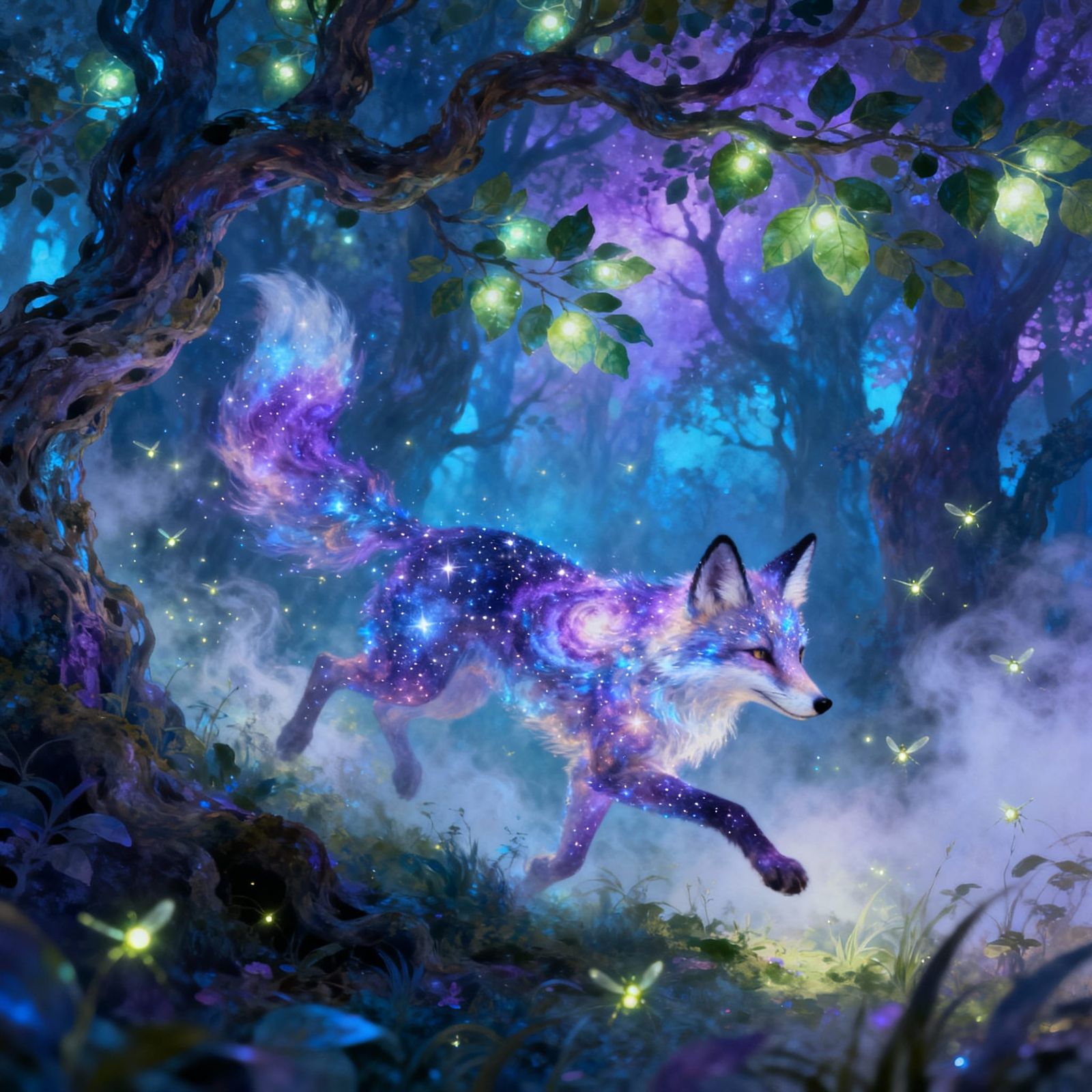 Celestial Fox in Bioluminescent Forest