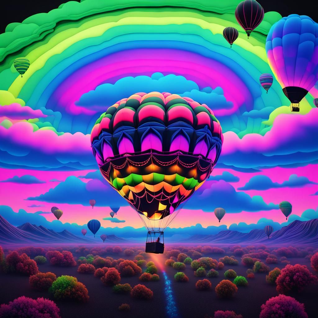 Neon Hot Air Balloon in Black Light Art