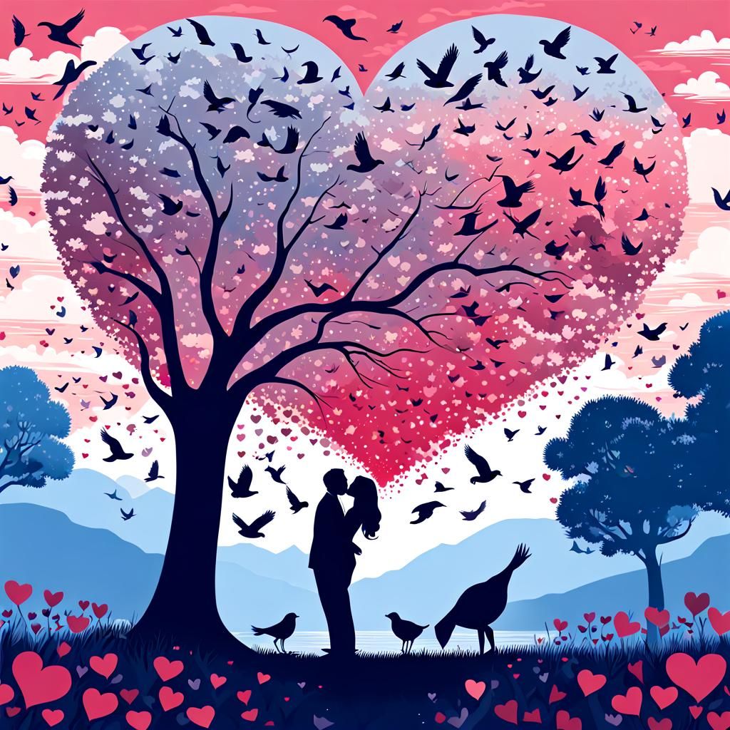 Romantic Kiss Under Heart Tree: Van Gogh Style