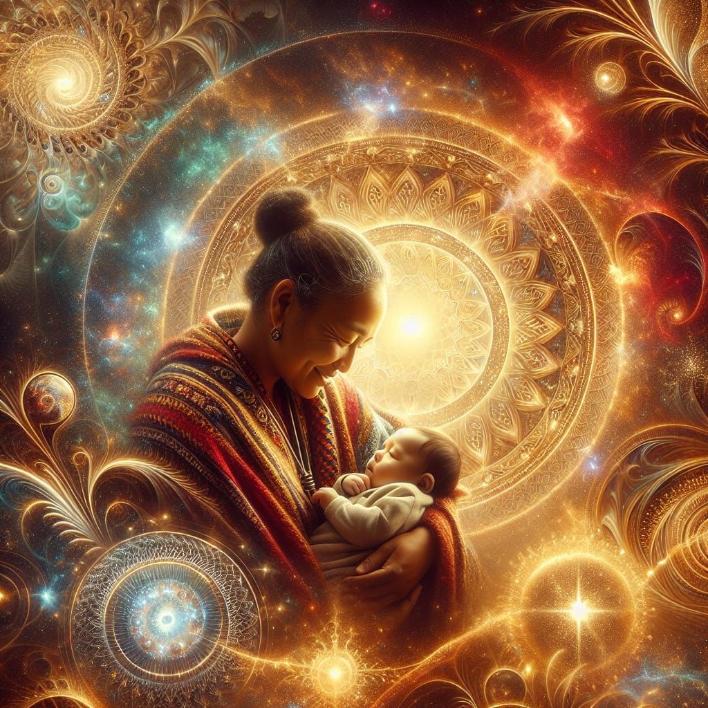 Maori Mother and Baby Under Celestial Golden Light