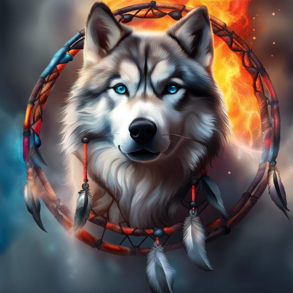 Fiery Dreamcatcher with Siberian Husky, Hyperrealistic Art