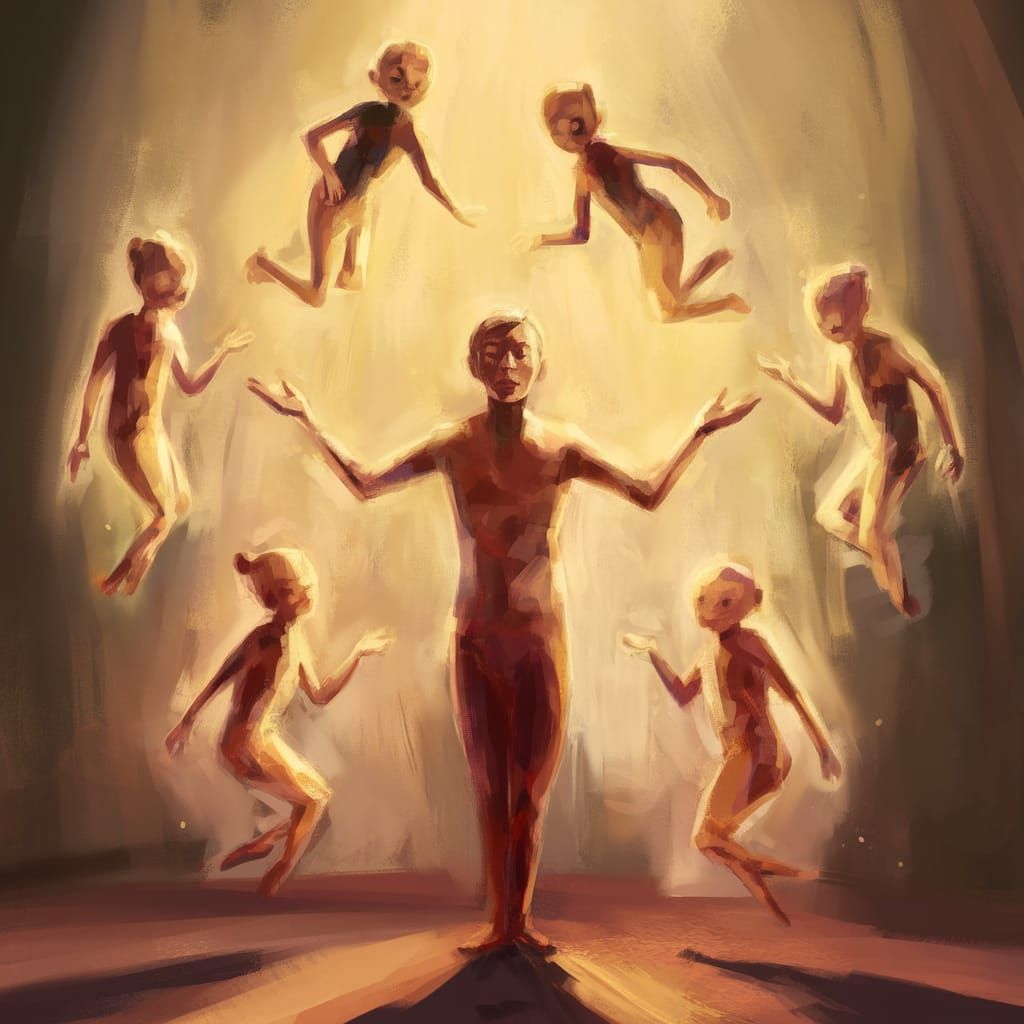 Figure in Reverent Contemplation Amidst Ethereal Beings