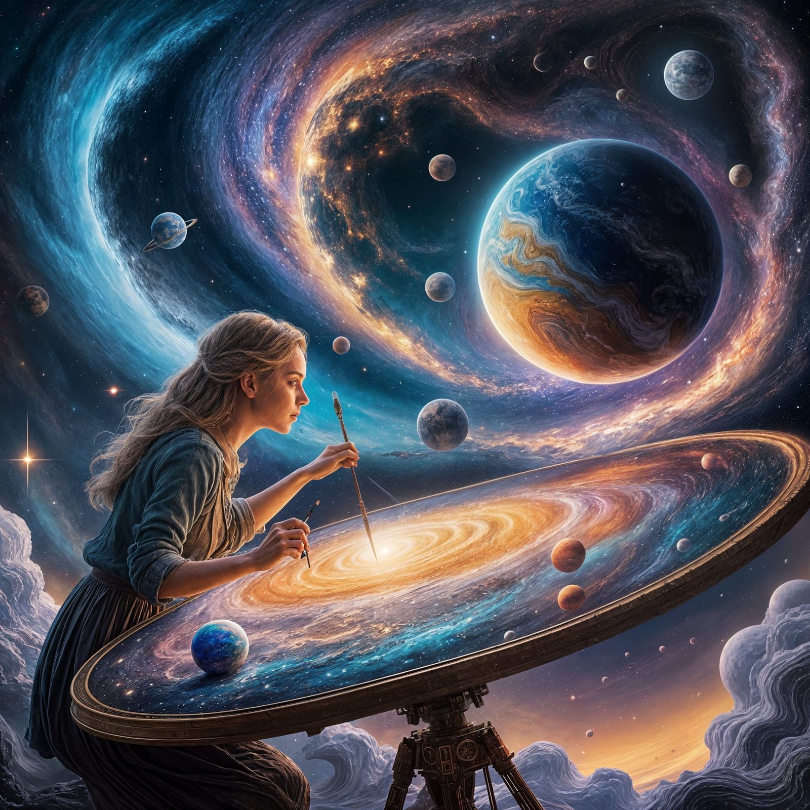 Woman Painting Planets: Detailed Digital Art