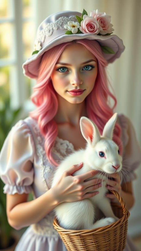 Enchanting Easter Sunday Girl with Pink Hair and Bunny