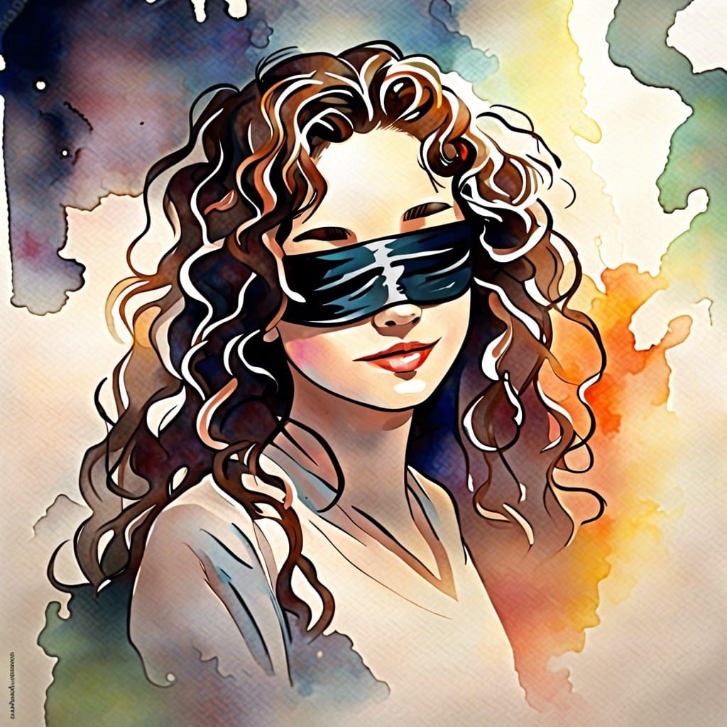 Cheerful Blindfolded Woman in Magical Watercolor