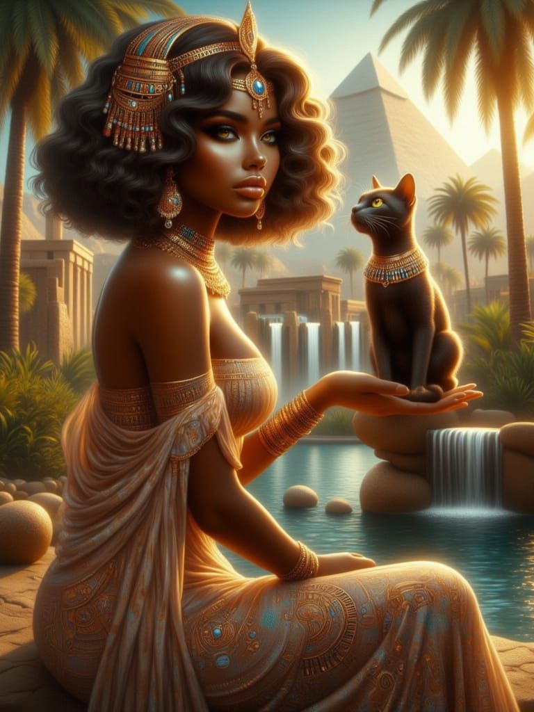 Egyptian Goddess Bastet Beside Fountain, Realistic Digital P...