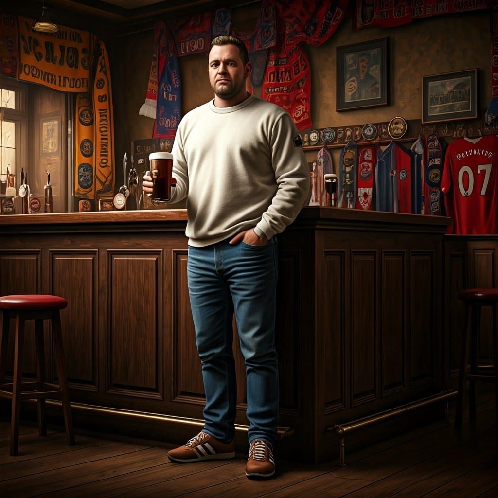 Rough-Around-the-Edges Soccer Fan in Classic British Pub
