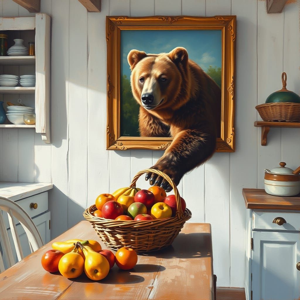 Warm Country Kitchen Scene with Emerging Brown Bear