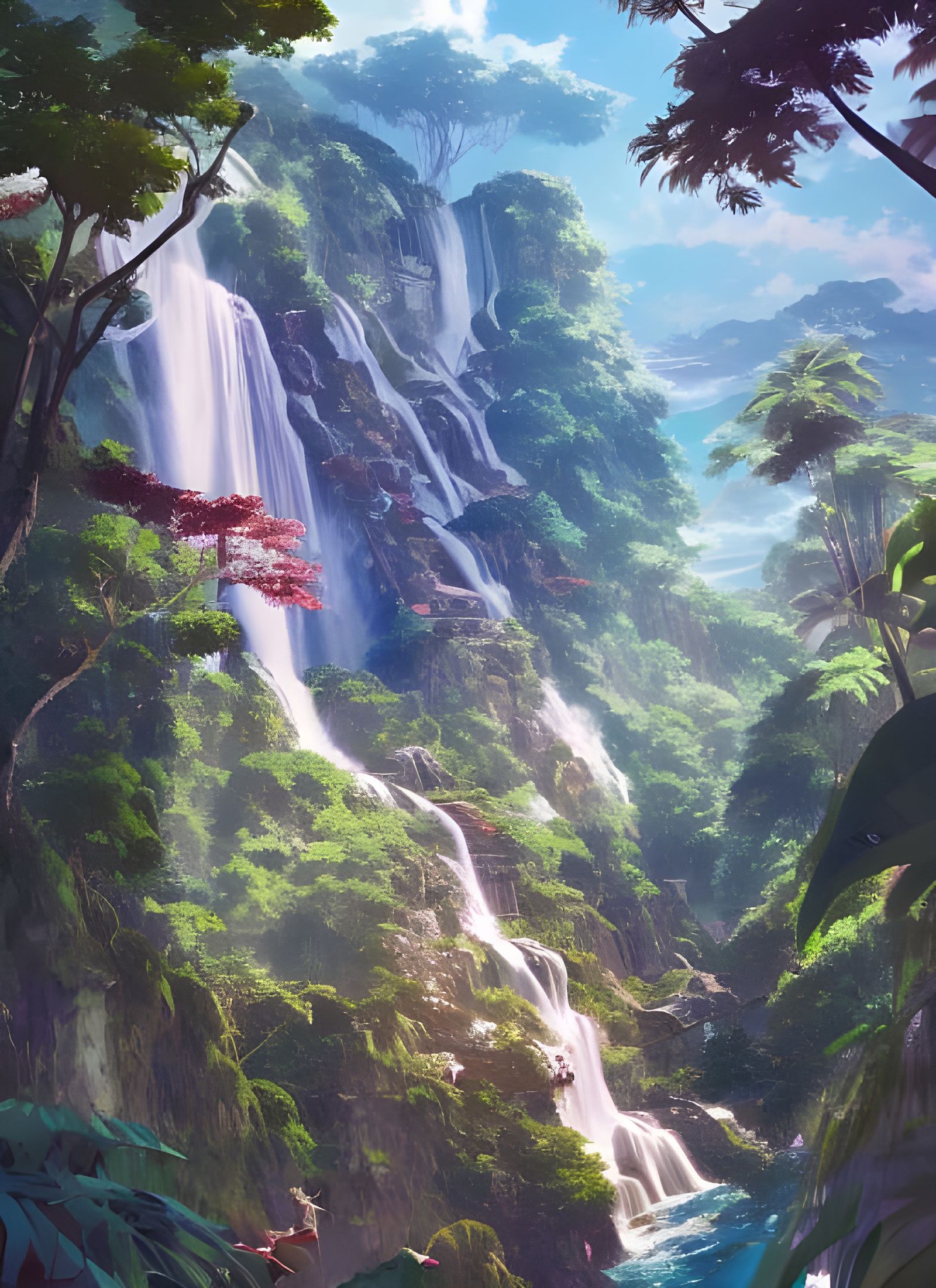 Tropical Island Waterfalls in Anime Style