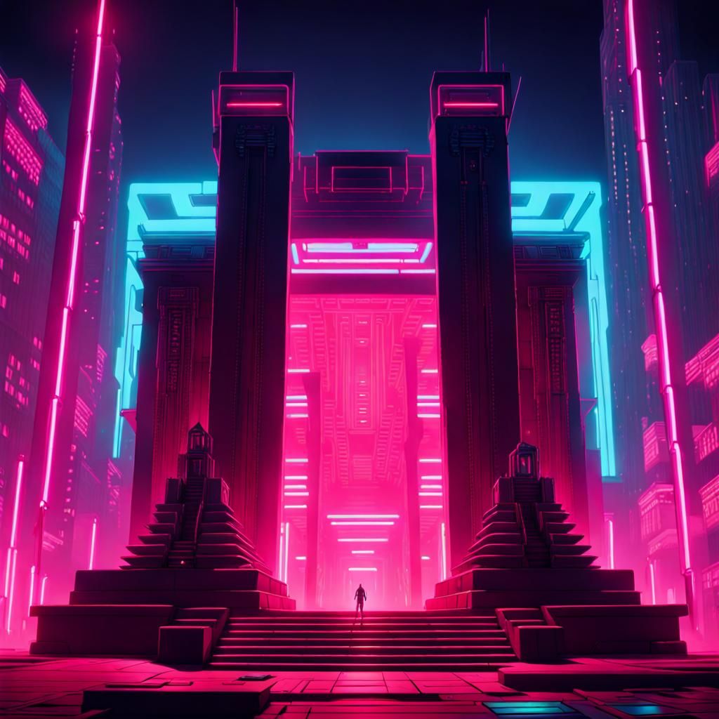 Cyberpunk Aztec Temple with Neon Illumination