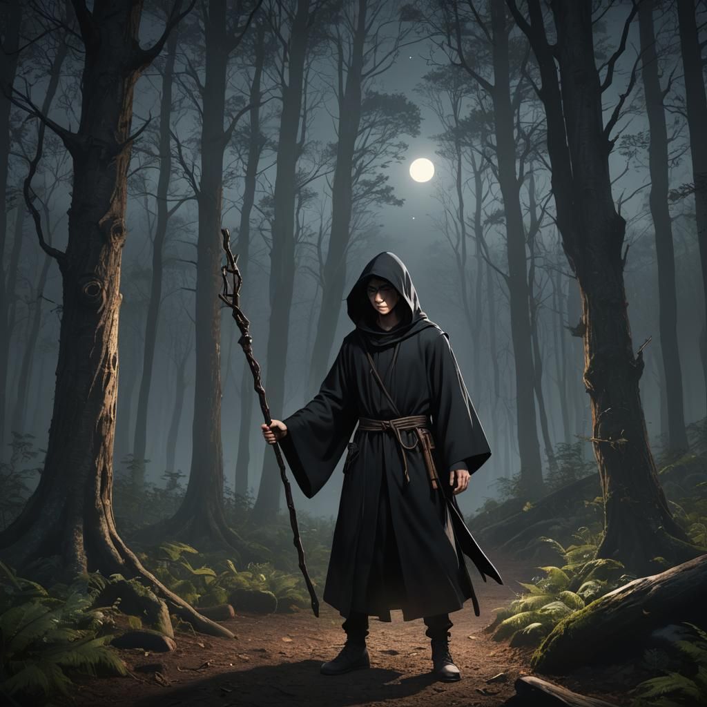 Anime Young Man in Black Robes in Dark Forest