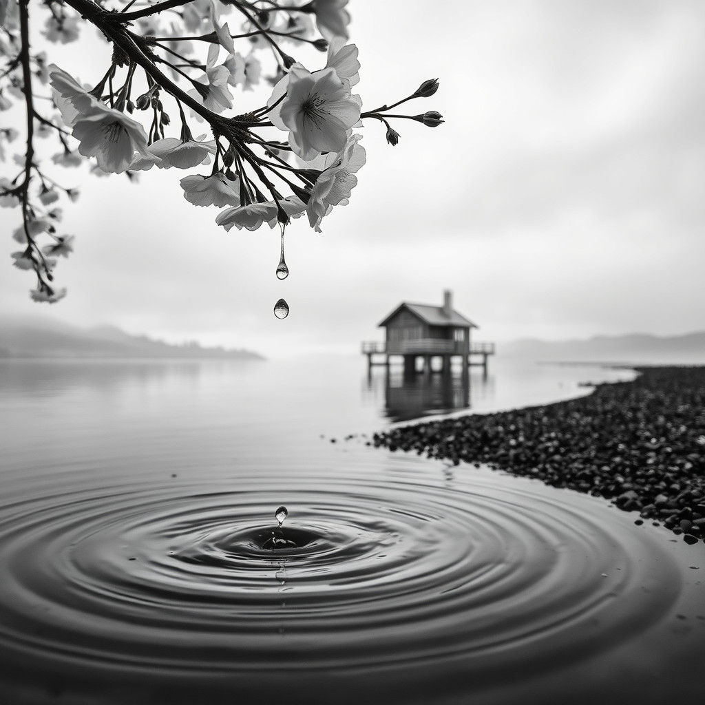 Monochrome Raindrop Plunging into Tranquil Lake