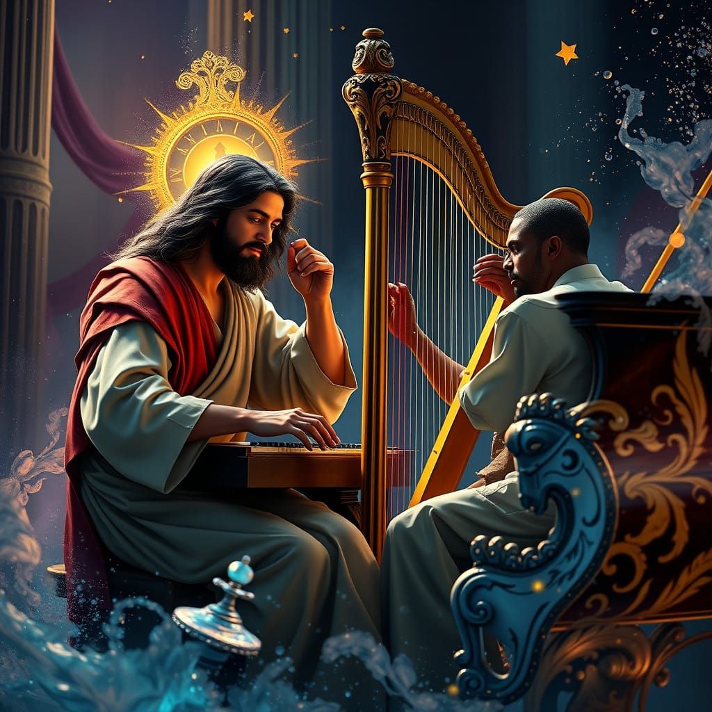 Jesus and Biracial Harpist in Vibrant Fantasy Landscape