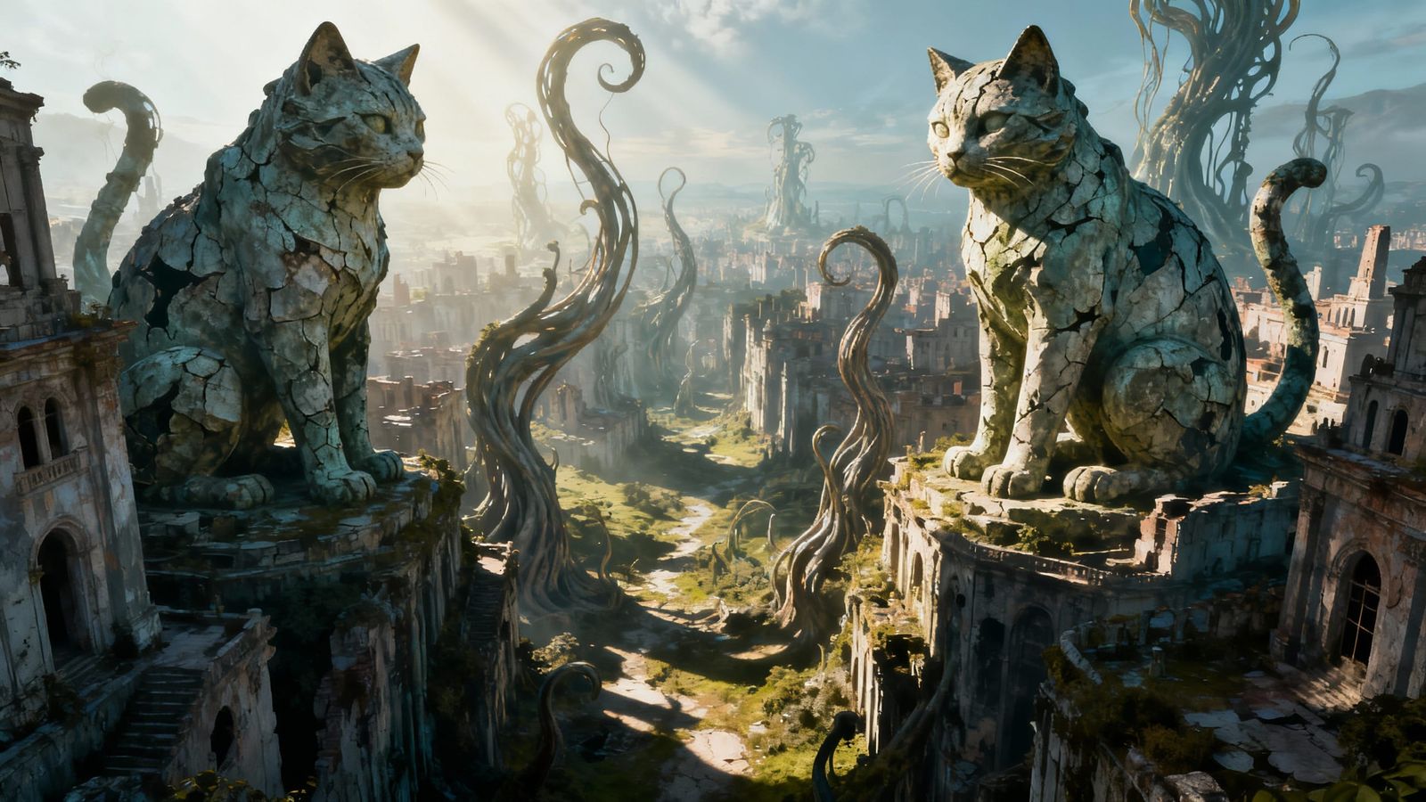 Mythological Cat City Ruins in Surreal Digital Art