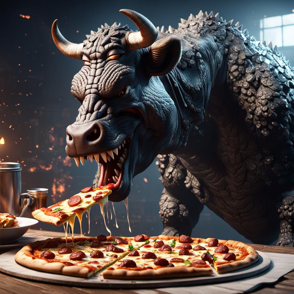 Cow and Godzilla Eating Pizza: 3D Game Render