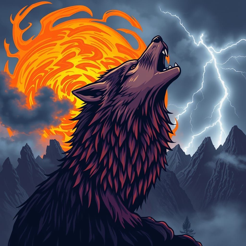 Wolf in Fiery Landscape, Dark Surreal Art