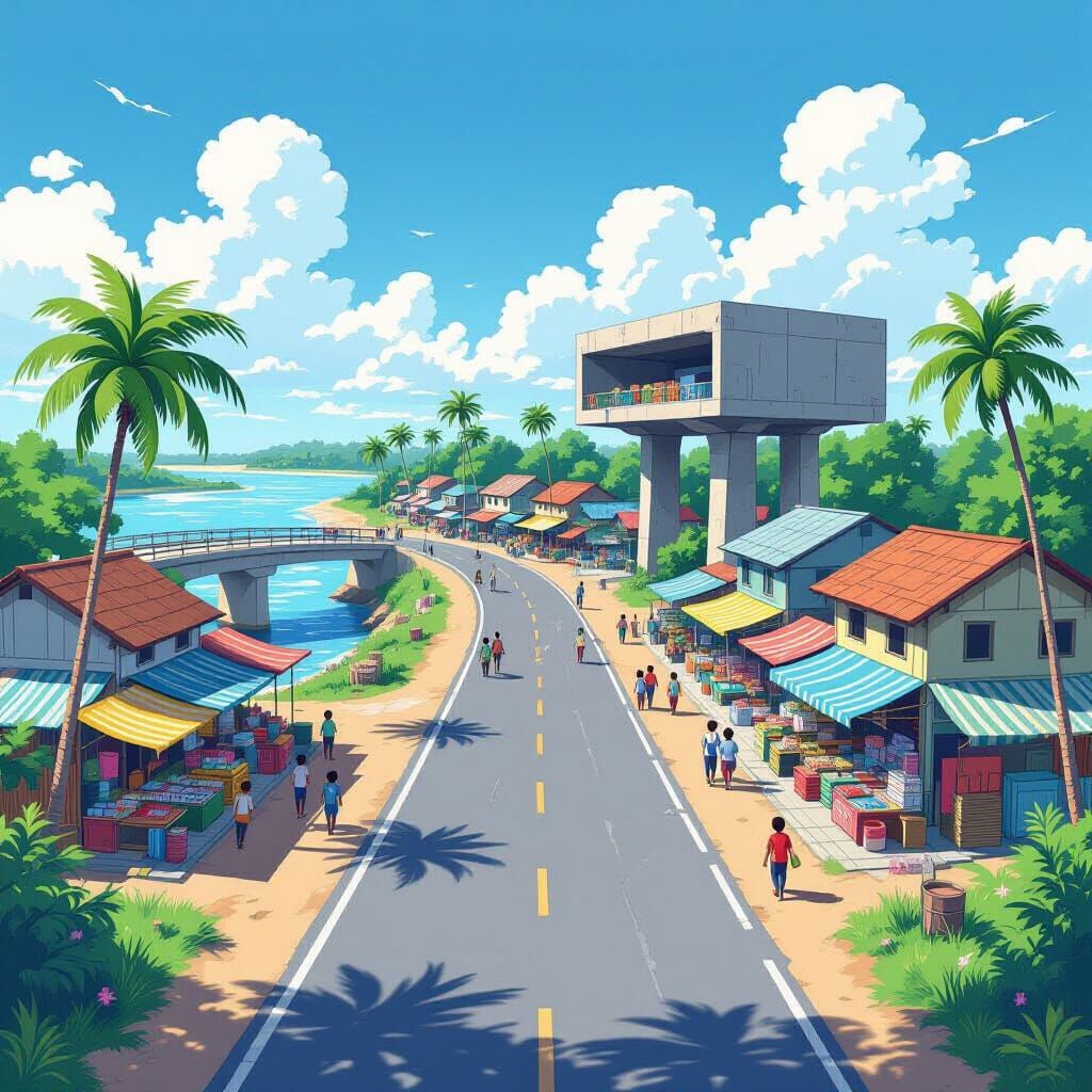 Bustling Coastal Village in Bangladesh with Cyclone Shelter