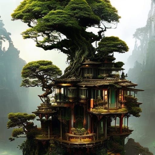 Art Nouveau House in Ancient Bonsai Yggdrasil