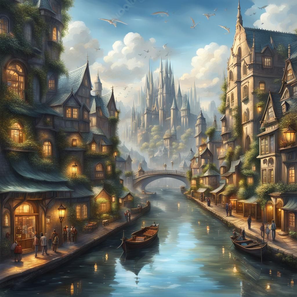 High Fantasy City with Magic River and Harbour