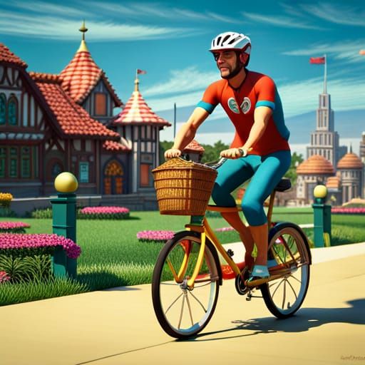 Cyclist on Bicycle in Fantastical 3D Art Style