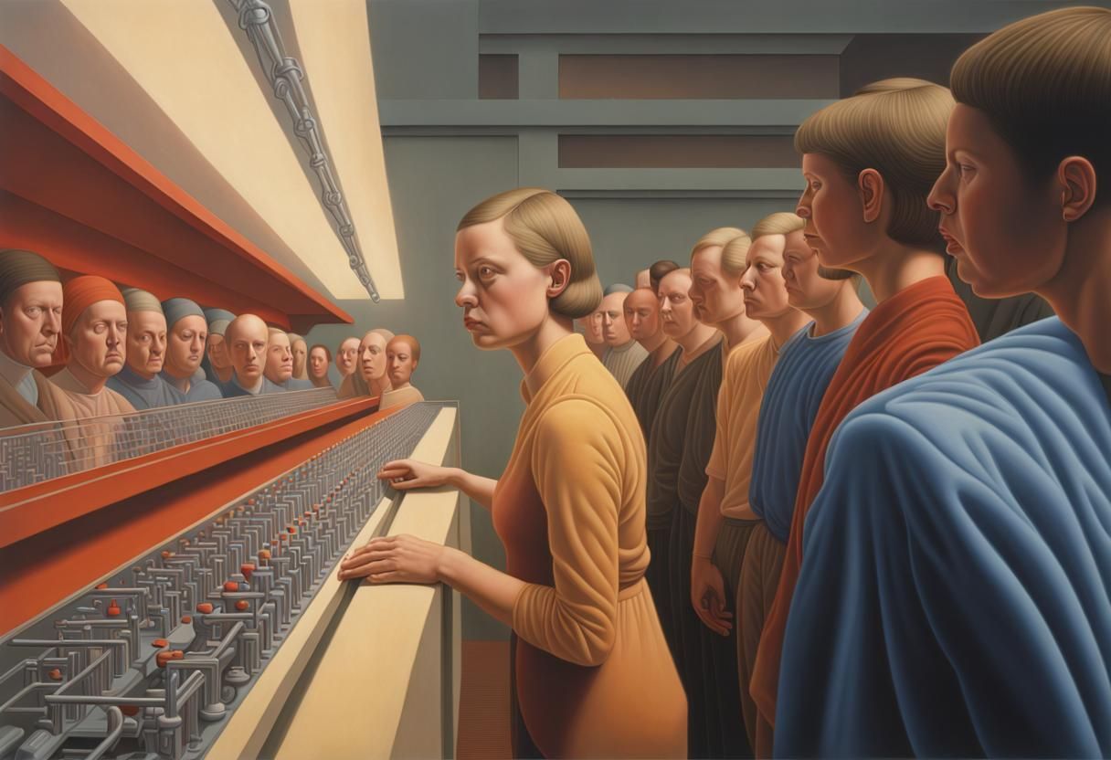 Woman and Impossible Machine in Hyperrealism Style