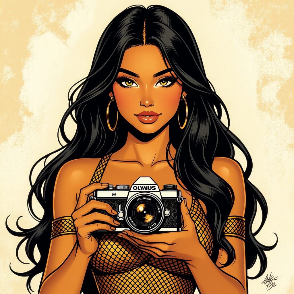 Mexican Woman with Snake Top and Camera in Comic Style