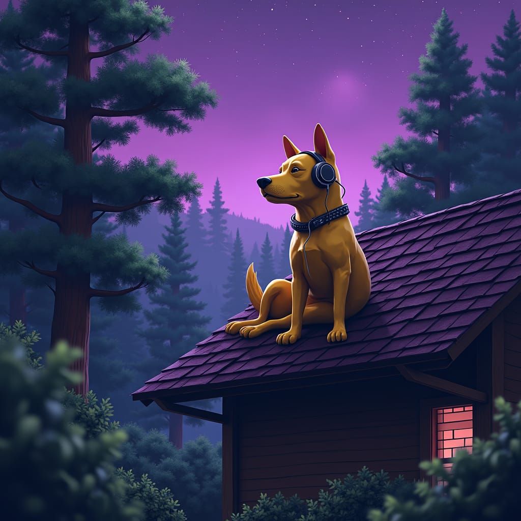 Dog on Roof Under Purple Sky: Fantasy Concept Art