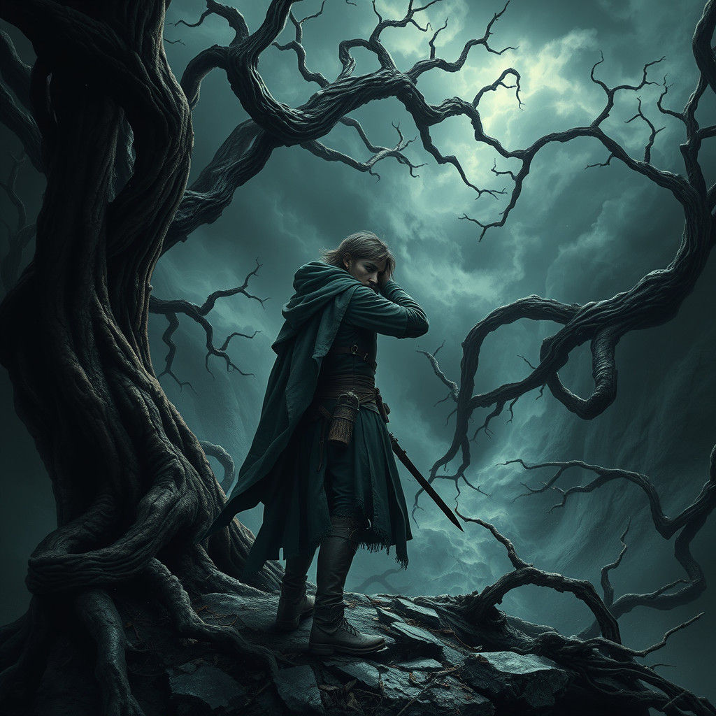 Traveler vs Tempestuous Wind in Dark Fantasy Style