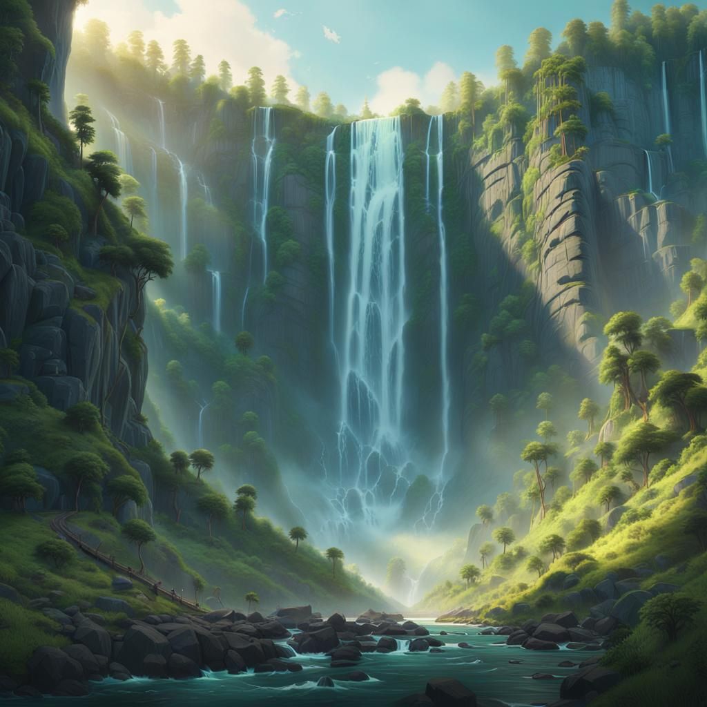 Majestic Waterfalls in a Lush Landscape