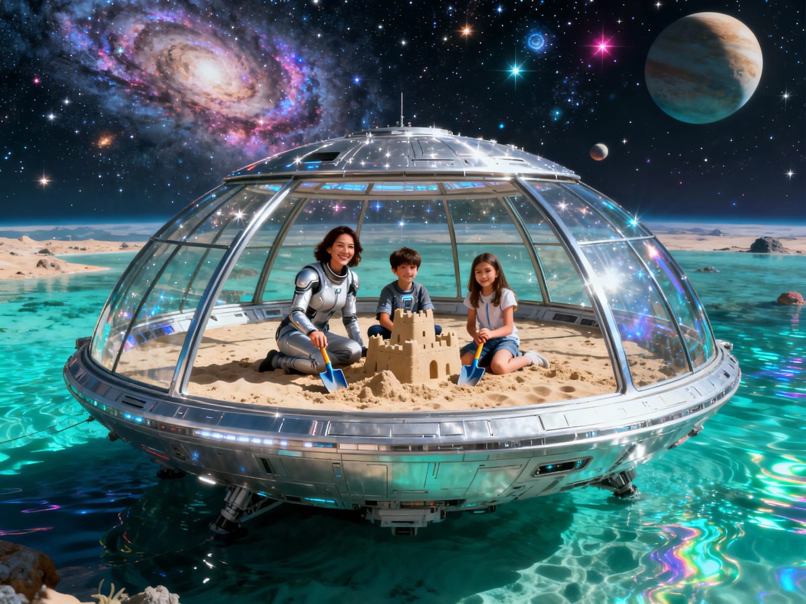 Family Poses in Futuristic Spaceship on Alien World