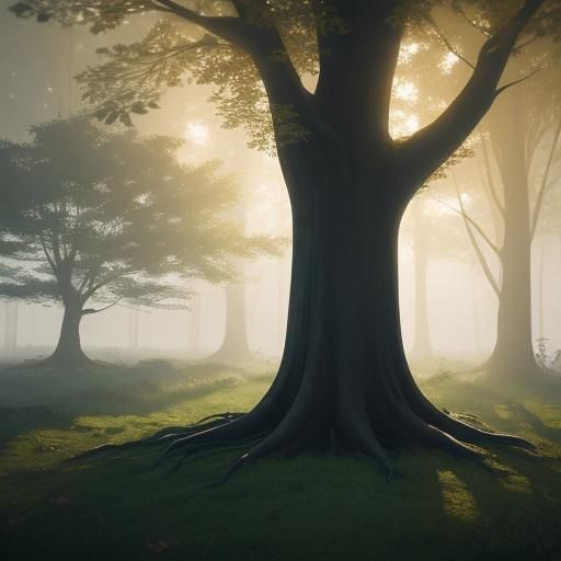 Golden Tree in Misty Forest, Ghibli-Inspired Digital Art