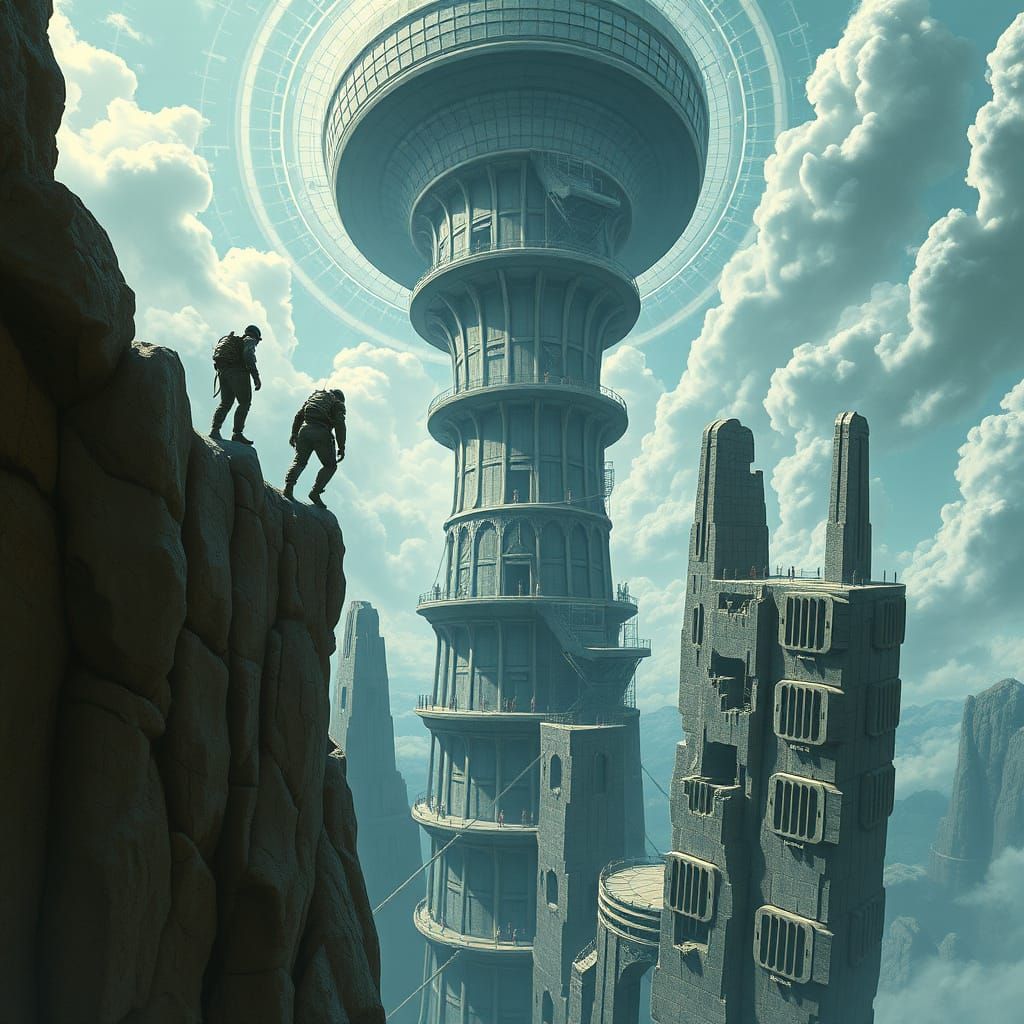 Ethereal Babel Tower Defies Gravity in Muted, Futuristic Hue...