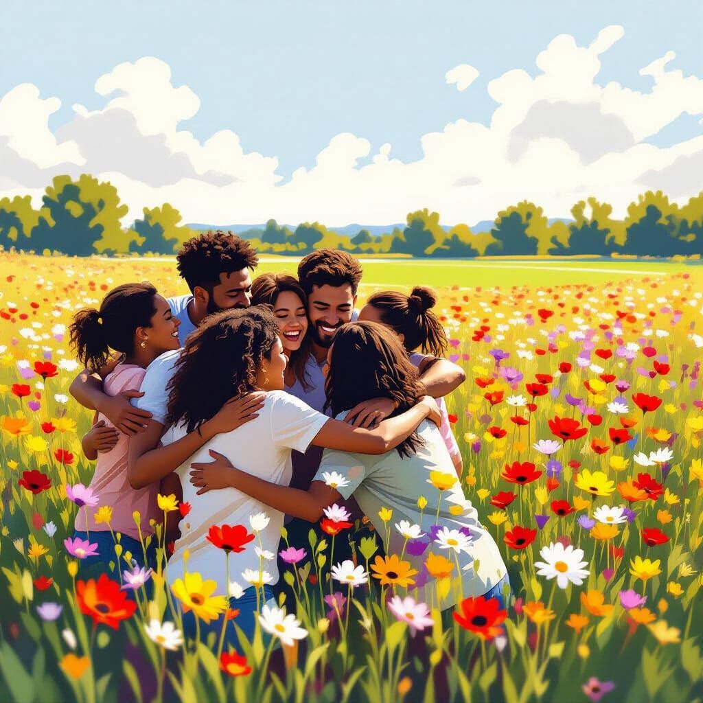 Joyful Embraces in Wildflower Field with Soccer Pitch