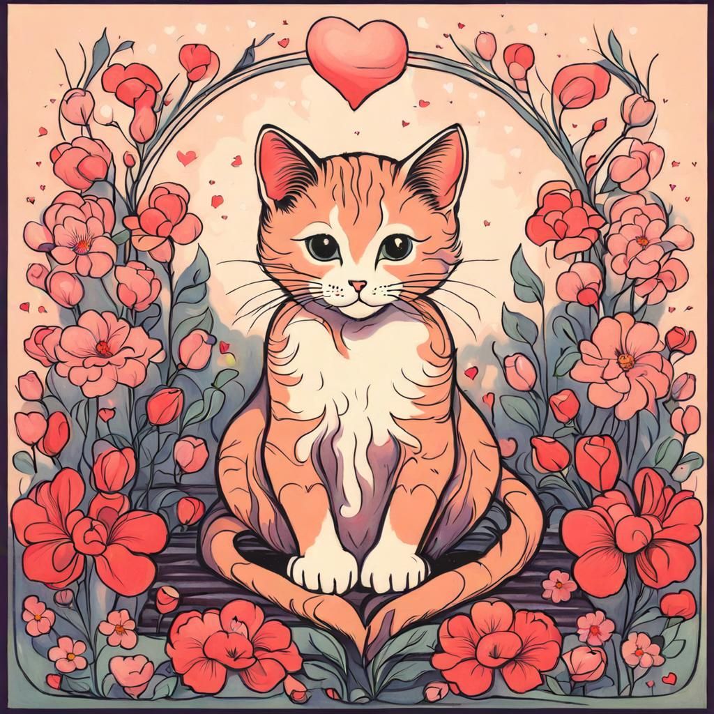 Cute Cat Surrounded by Flowers in Whimsical Cartoon
