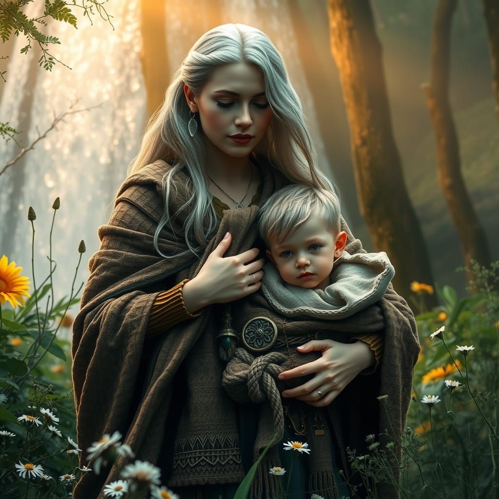 Celtic Mother and Sons in Enchanted Forest