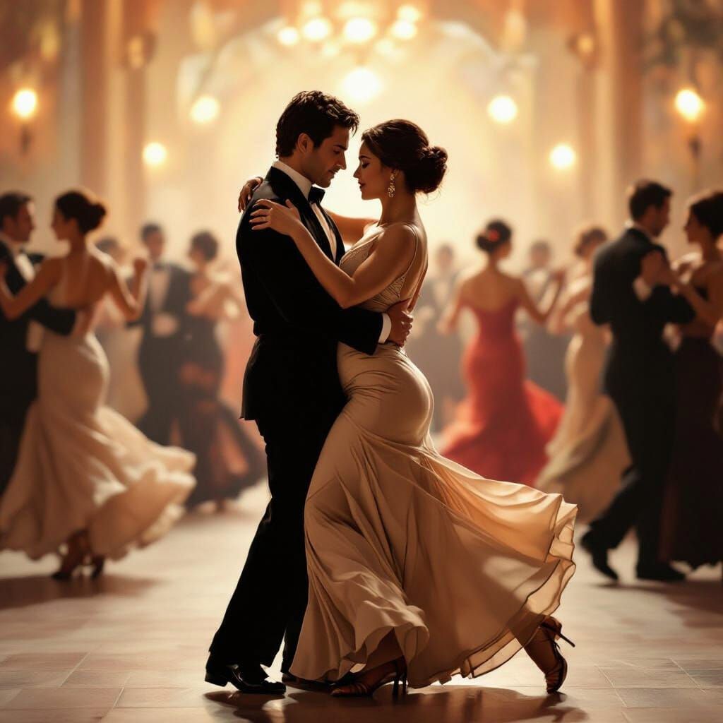 Argentine Tango Dancers in Close Embrace, Art Nouveau Style