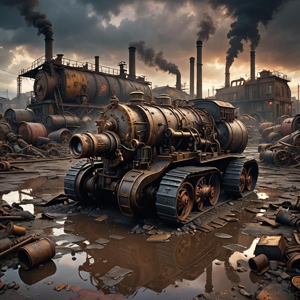 Dieselpunk Wasteland Cat in a 1940s Industrial Scene