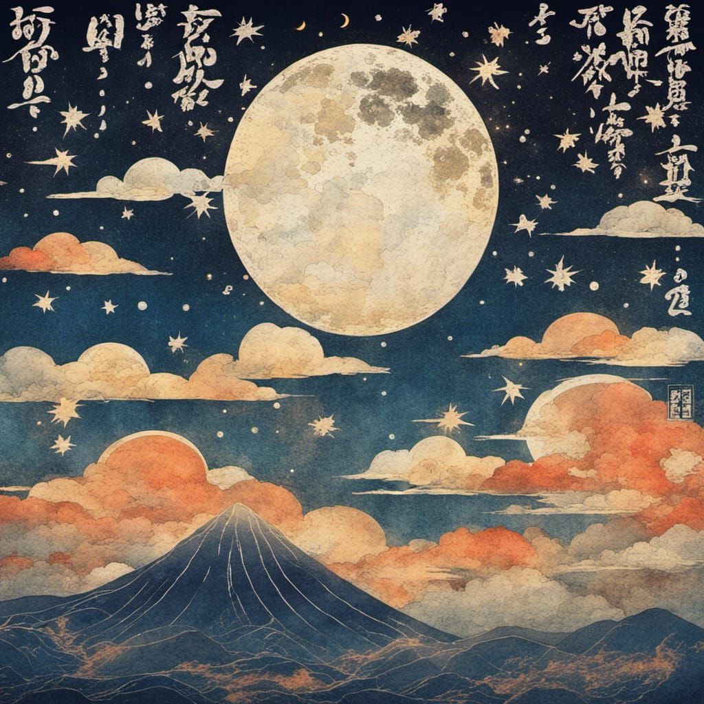 Ukiyo-e Moon and Stars with Inscription Effect