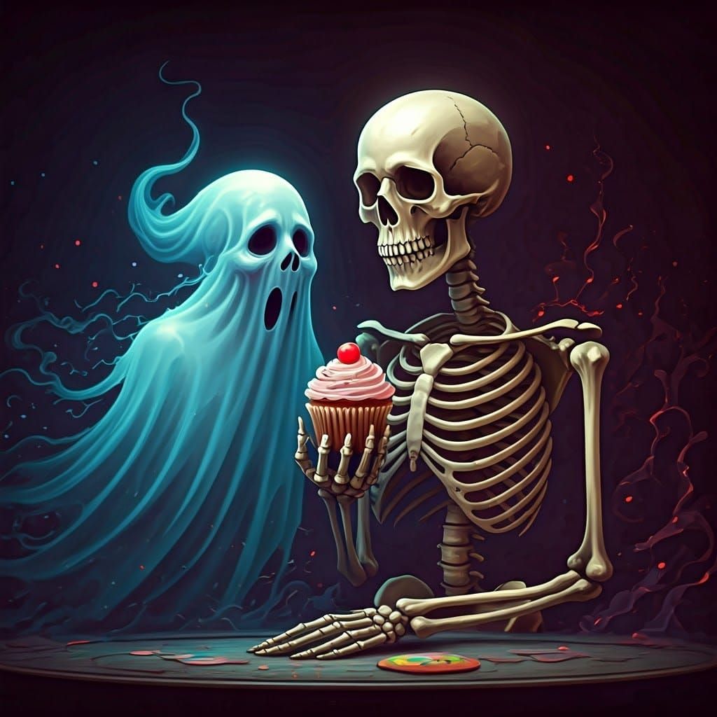 Ghost Offers Cupcake to Skeleton: Hyperrealistic Art