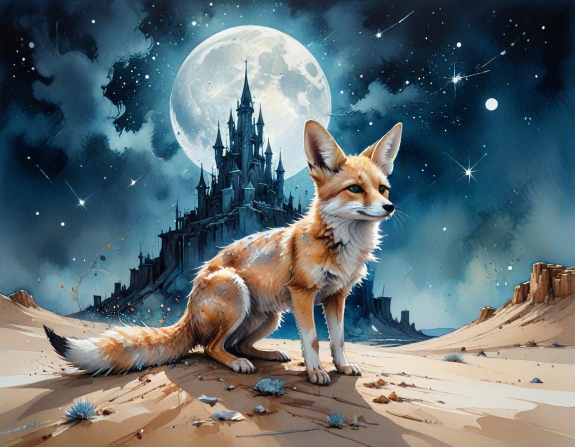 Desert Caravanserai at Midnight in Watercolour Style