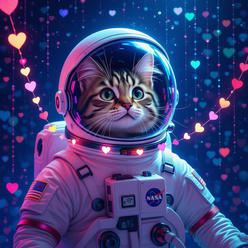 Astronaut Cat in Digital Realm with Heart String