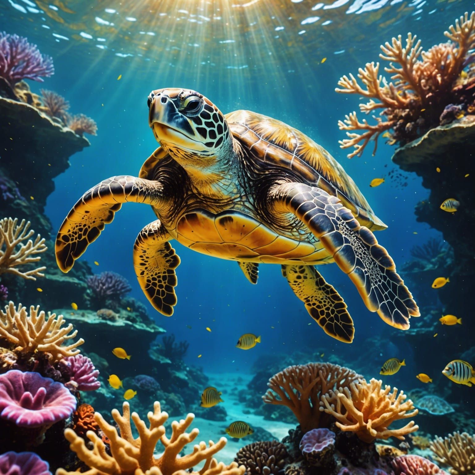 Sea Turtle Among Coral in Tenebrism Style