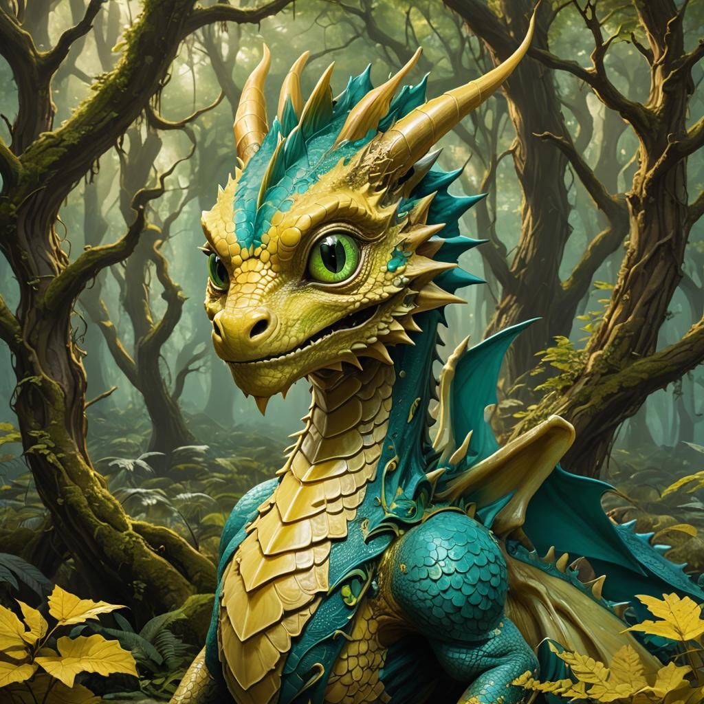 Girl with Baby Dragon in Bioluminescent Forest