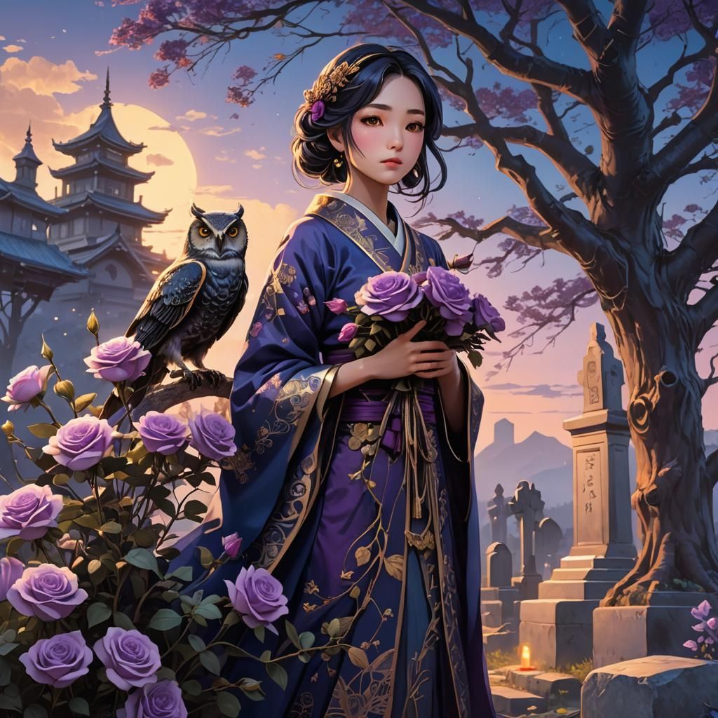 Manga Girl Offers Roses at Grave