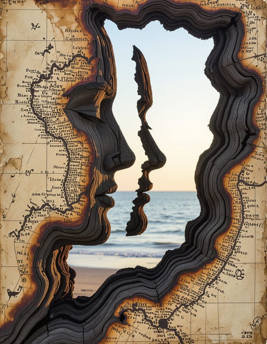 Driftwood Curling Eroded Olde-World Map, Charred and Rusty