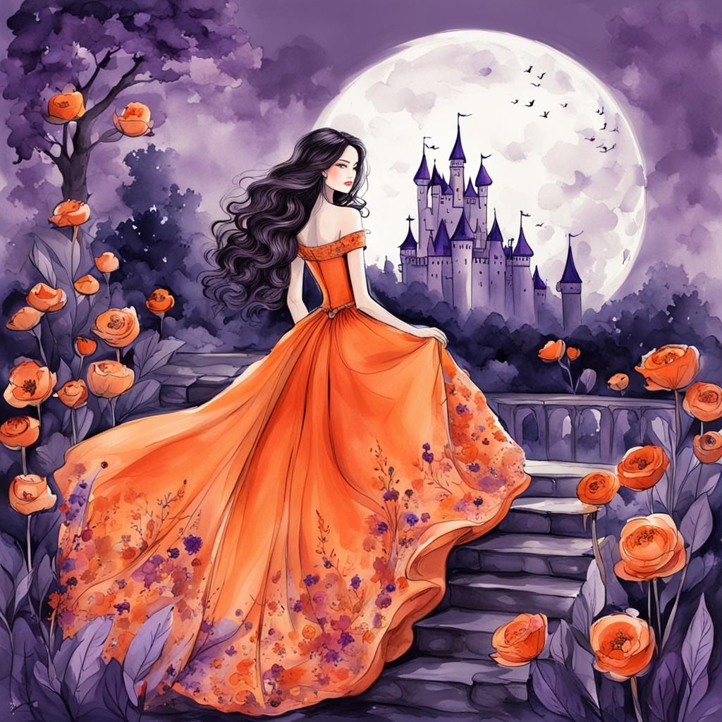Princess in Garden: Modern European Ink Painting
