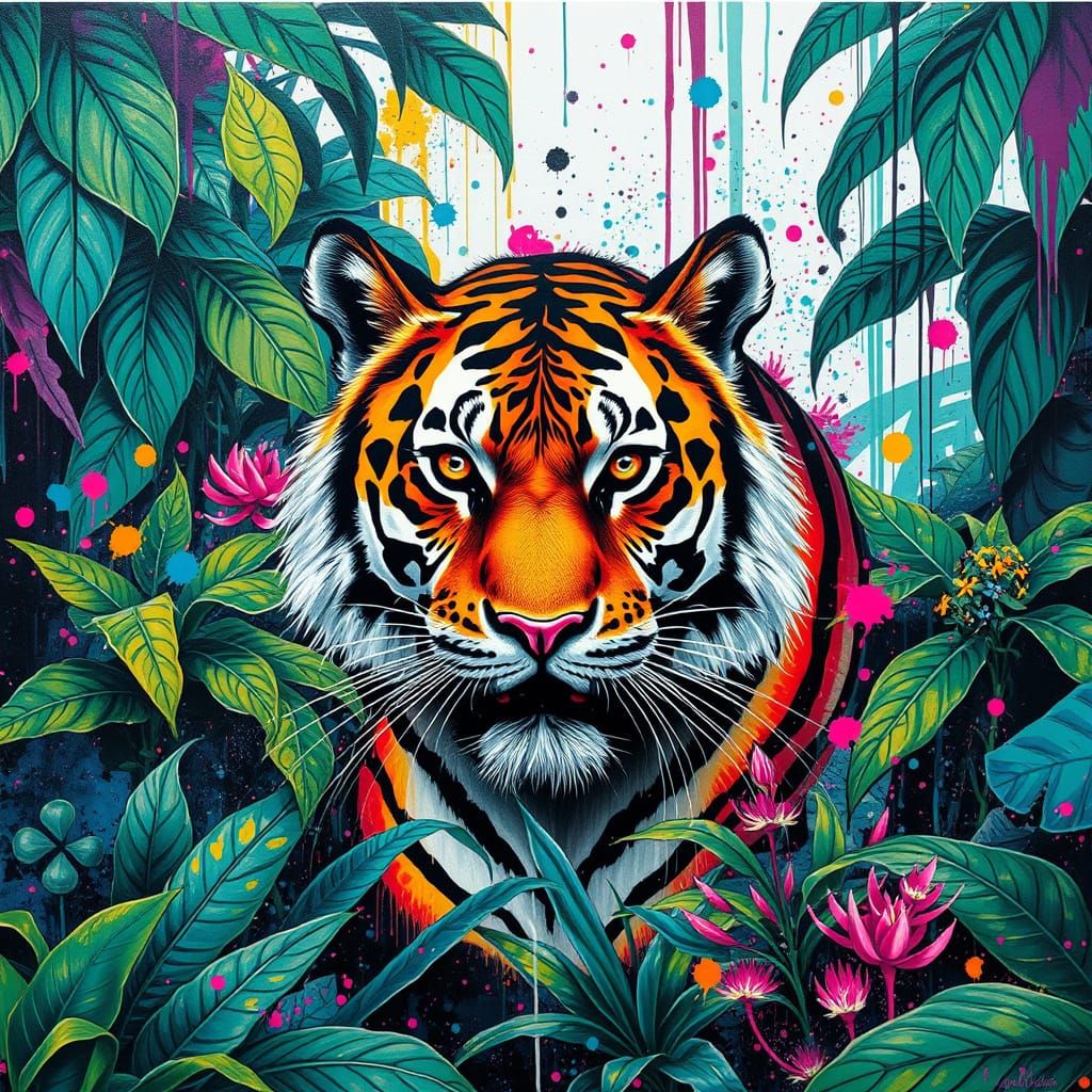 Polychromatic Tiger in Jungle Graffiti, Digital Art